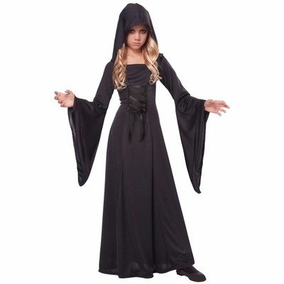 Schwarzes Kapuzengewand Hexe Zauberin Vampir Gothic Mittelalter Geist Mädchen Kostüm