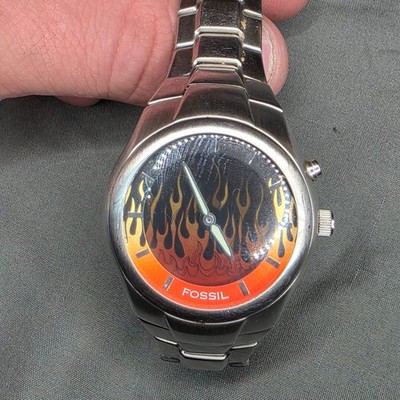 FOSSIL Big Tic Watch Men Silver Tone Flame Animation RARE JR-8115