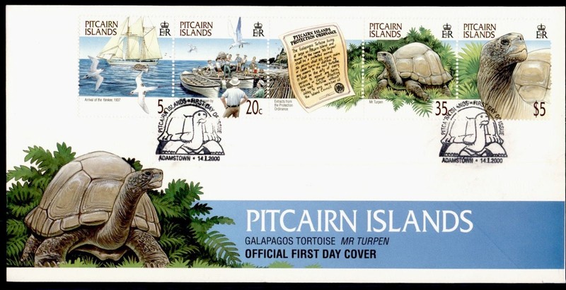 DR WHO 2000 PITCAIRN ISLANDS FDC GALAPAGOS TURTLE STRIP $5 TORTOISE R55853