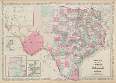 Johnsons neue Karte des Staates Texas. US State Map zeigt Grafschaften 1865