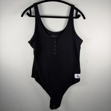 CALVIN KLEIN JEANS Size L Stretch Cotton CK Logo Tag Thong Bodysuit Black Button