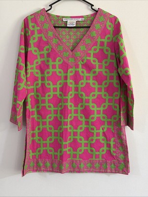 Gretchen Scott Small Cotton V Neck Tunic Top Pink Green Geometric Chain Link