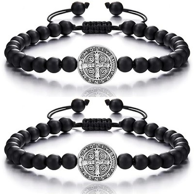 2 PCS Catholic Bracelet San Benito Bracelet Saint Benedict, Medal Adjustable Str