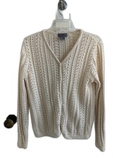 EUC Vintage EDDIE BAUER Women Cardigan Sweater Ivory Cable Cotton Sz M