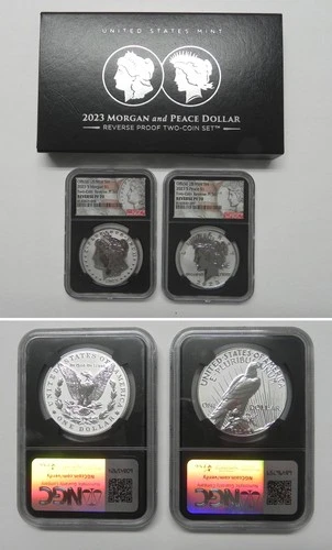 2023 S Morgan and Peace Dollar 2 coin Set, NGC REVERSE PF70 #9008/#0009
