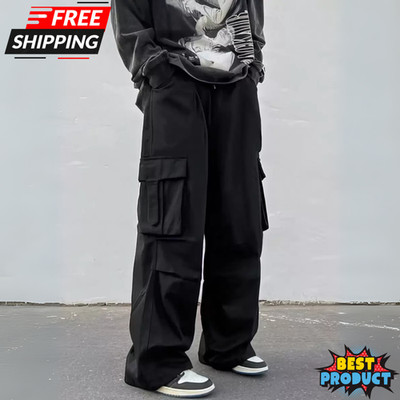 Flap Pocket Side Drawstring Waist Oversize Cargo Pants Baggy Long Plain Pant Men