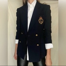 Vtg Lauren Ralph Lauren Double Breasted Gold Crest Logo Wool Navy Blue Blazer 4