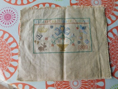Vintage 1993 Hand Stitched Linen Sampler Jacobean Flower Alphabet Birds Folk Art