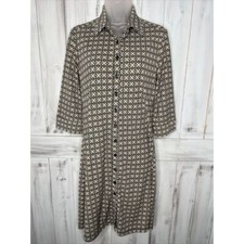 VINTAGE EXPRESS BEIGE BLACK SHORT SLEEVE GEOMETRIC BUTTON UP SHIRT DRESS 9/10