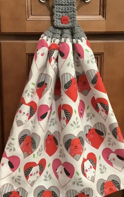 Double Hanging kitchen towel Valentine Dog Hearts crocheted Gray top