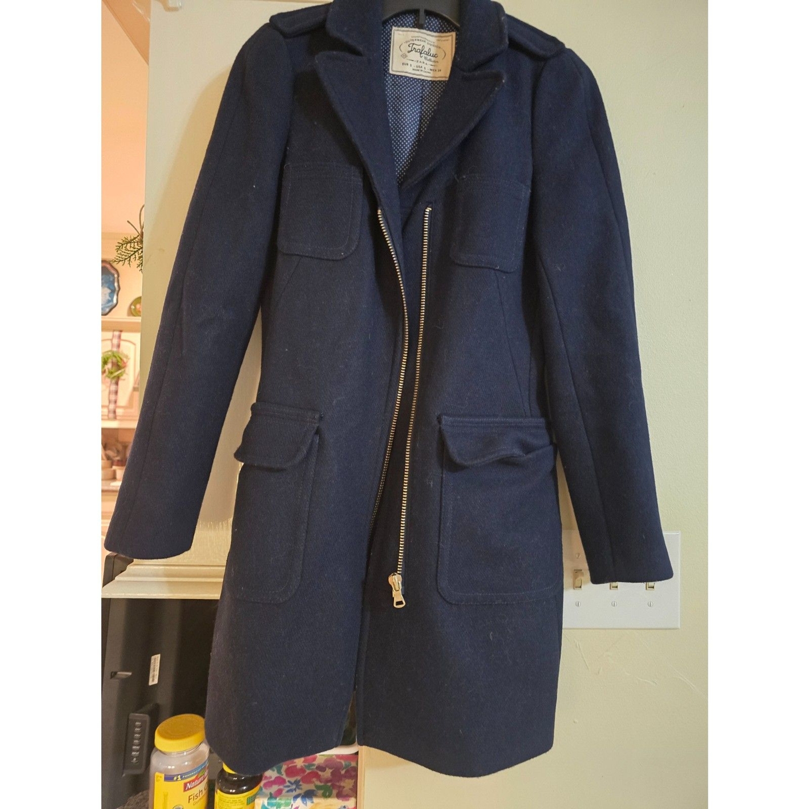 Zara Dark Blue Wool Blend Coat Fully Lined wZipper Unique Cuff Buttons SZ S