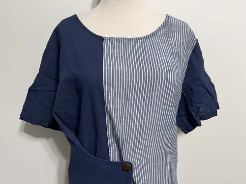 Zanzea Collection Faux Wickelkleid marineblau mit blau-weißen Streifen Farbblock 4XL - Bild 2 von 18
