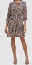 Tommy Hilfiger Women Blue Printed Jersey Knit Tie Neck Shift Dress Size 14