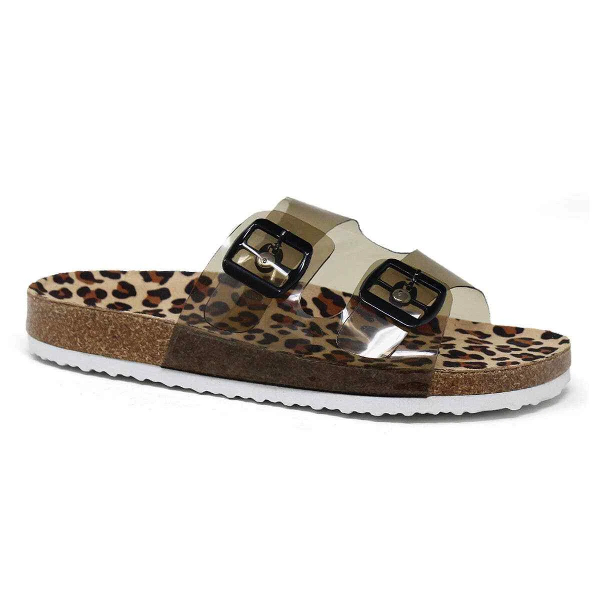 NEW IN BOX Boho Leopard Print Cork Flat Sandals with Clear Upper