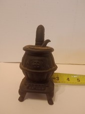 Miniature Vintage Heavy Black Cast Iron Pot Belly Stove with lid Dollhouse MINT