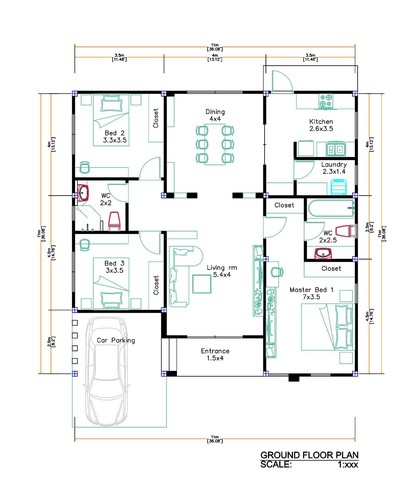 36x36 Feet House Plan 11x11 Meter 3 Beds 2 Baths Hip Roof PDF & (A4 Hard Copy) - Picture 2 of 24