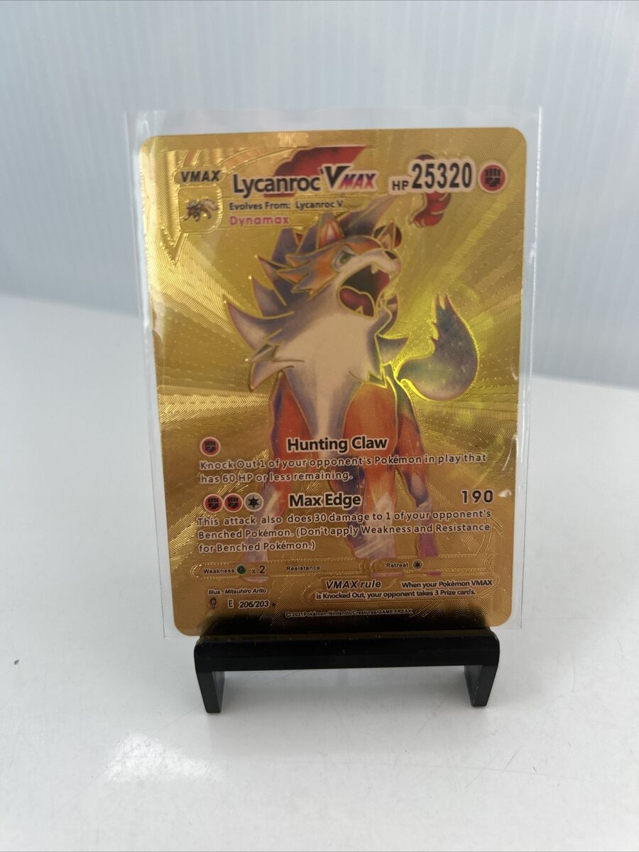 Lycanroc VMAX Metal Gold Foil Pokemon Card Fan Art Display Lycanroc VMAX Metal Gold Foil Pokemon Card Fan Art Display
