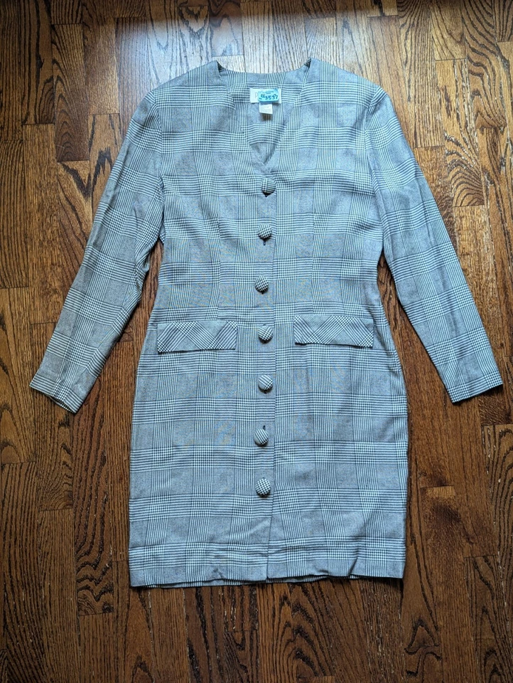 Vestido midi vintage años 80 90 Petite 6 negro blanco pata de gallo glen botones a cuadros Foto 2 de 4