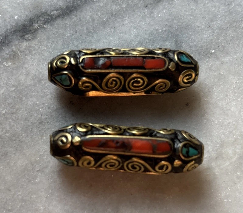 2pcs Tibetan Handmade Turquoise & Coral Brass Beads 34x11mm CC228 - Image 3 of 3
