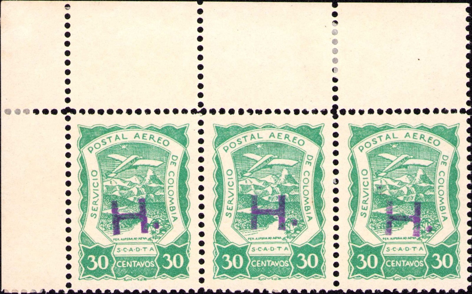 COLOMBIA - NETHERLANDS - SCADTA - CONSULAR 30c STRIP - Sc CLH5 - 1921 RRR