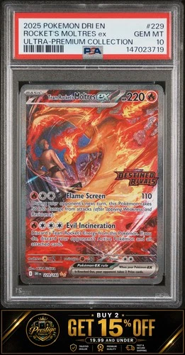 2025 POKEMON DRI EN-DESTINED RIVALS #229 TEAM ROCKET'S MOLTRES EX PSA 10 STAMP