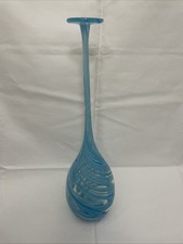 Tall Blue Pencil Neck Art Glass Vase Italian Murano Style Lattice Swirl