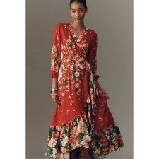 Farm Rio Red Floral Wrap Maxi Dress Long Sleeve Ruffle Hem Tropical NWT