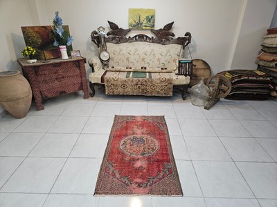 Handmade Turkish Wool Rug 2.6 x 4.6 ft, Red Vintage Boho Carpet