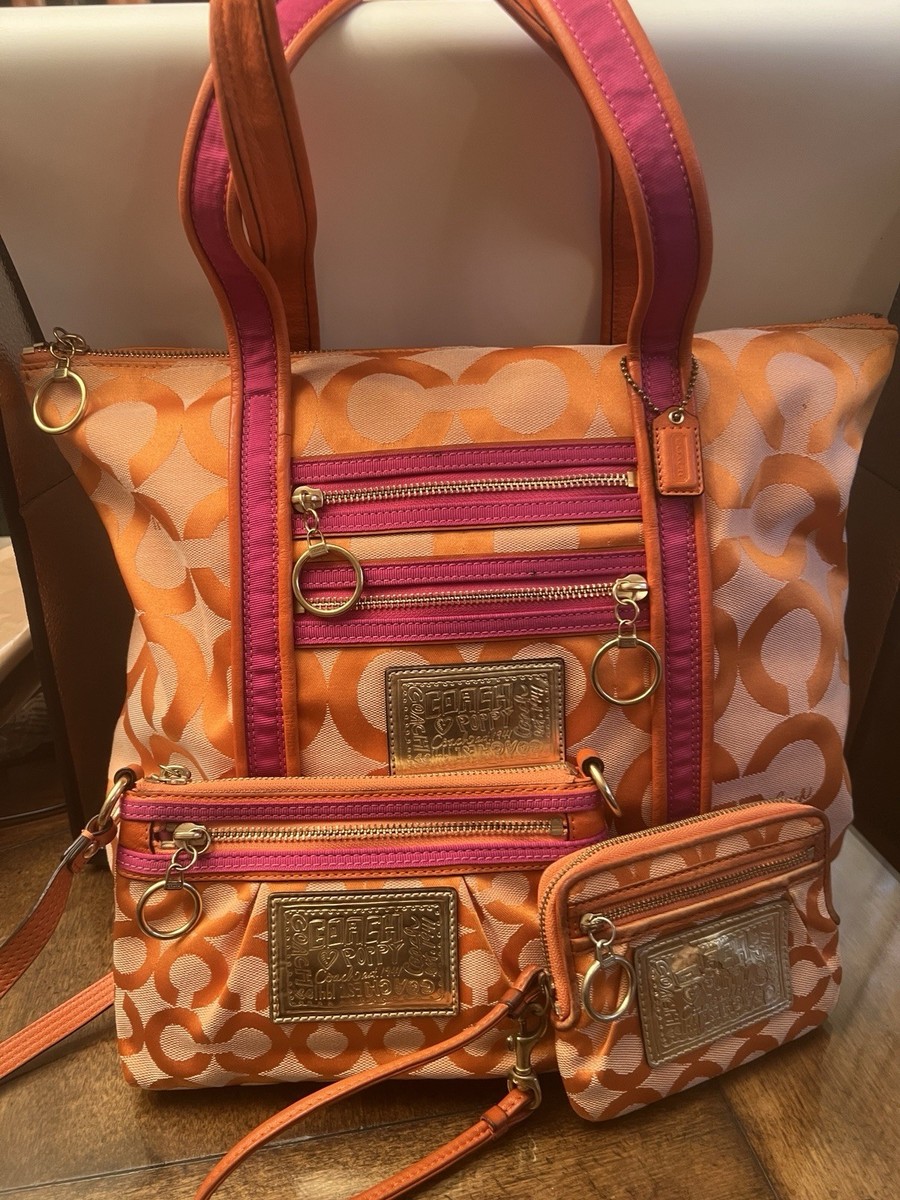 Coach Poppy Op Art Signature Orange Pink Jacquard Lined Shoulder w