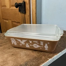 PYREX Early American 503 Refrigerator Dish – 1.5 Qt w/ Lid – Brown & White