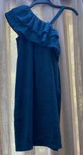 Mango Asymmetric Teal Blue Pleated Ruffled One-Shoulder Party Mini Dress SZ M