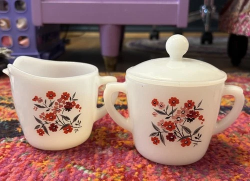 Fire King Primrose Vintage Sugar Bowl W/ Lid And Creamer MCM Milk Glass