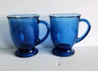 2 Vintage Anchor Hocking Cobalt Blue Glass 16 oz Footed Coffee Mugs USA