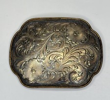 Vintage Mexico Silver Overlay Western Belt Buckle Scalloped Floral Engraved
