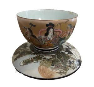 Antique Japanese Porcelain Hand Painted Rice Bowl &Saucer