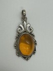 Vintage Sterling Silver Large Amber Pendant 2" Marked 925 — photo 1