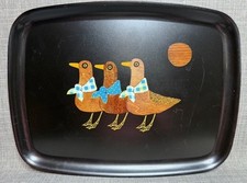 VTG 1970 COUROC 12 in. Tray 3 Gull Duck Polka Dot Gingham Scarf Wood Metal Inlay