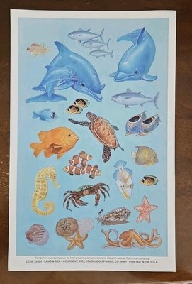 Vintage Current Catalog Land & Sea sticker sheet, fish and shells stickers