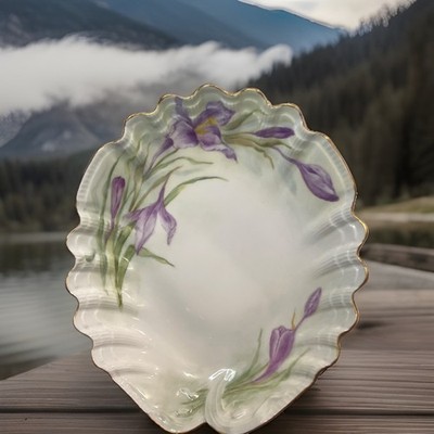 Antique T&V Limoges France Porcelain Oval Bowl Irises Gold Trim 10'' 1892-1907