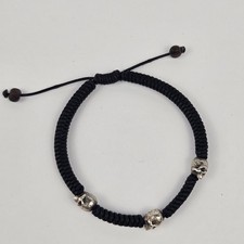 925 Sterling Silver Skull Bracelet Adjustable Black Cord Gothic Designer Style