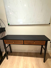 Black Computer Desk with 2 Drawers Medium Wood Tone Top Black Metal Frame