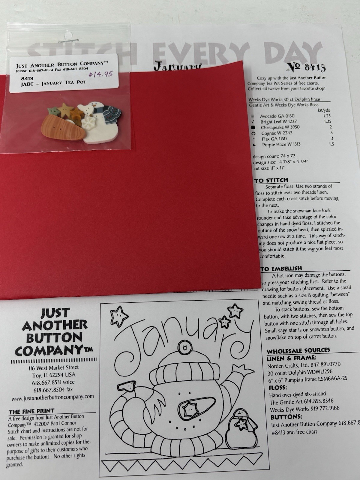 Just Another Button Company JANUARY Teapot Button Lot & Chart Snowman Winter