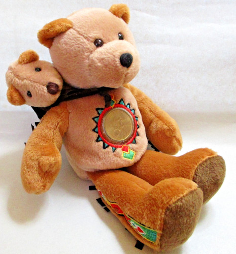 VINTAGE LIMITED TREASURES TEDDY BEAR & PAPOOSE CUB WITH REAL SACAJAWEA $1 COIN