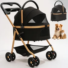 Pet Stroller with 4 Wheels, Foldable for Small/Medium Dogs Cats to 50 lbs, Re...