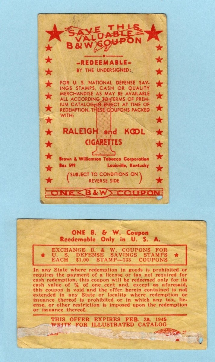 Vintage Raleigh & Kool Cigarettes B & W Coupon Expires FEB 28 1945