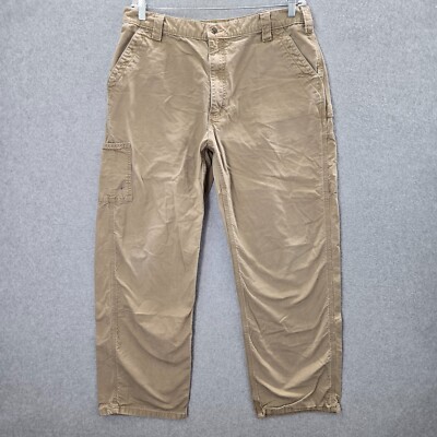 Carhartt Men Carpenter Pants 38x32 Beige Canvas Work Dungaree Pockets Logo READ