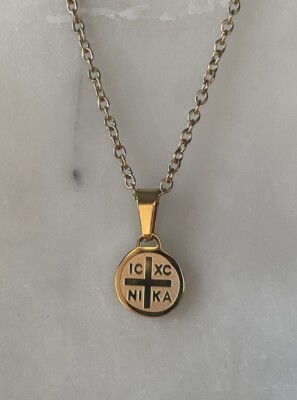 18K Gold Plated Mini Pendant IC XC NIKA Orthodox Greek Cross Coin 20  Necklace