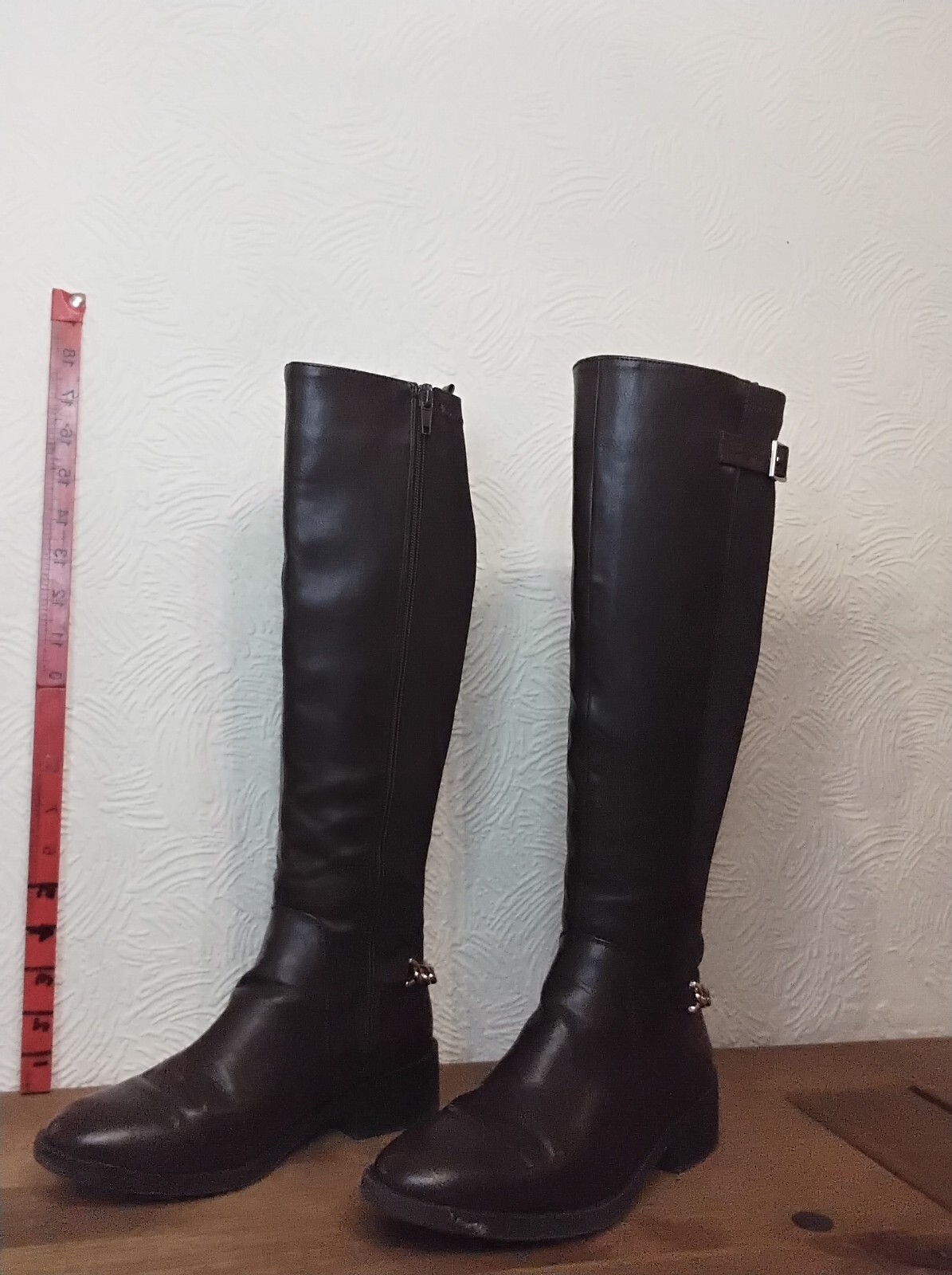 New Look knee High Stretch brown Faux Leather Chain/buckle Long Riding Boots eBay