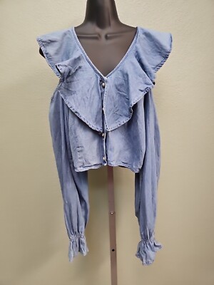 Vintage  Cold Shoulder  Half Top Boho Chambray Button-Up Size Medium 