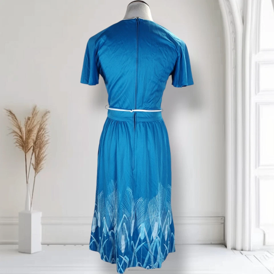 Vestido midi vintage años 70 Shaheen estampado de bordes talla S manga acampanada bolsillos de trigo Foto 4 de 4